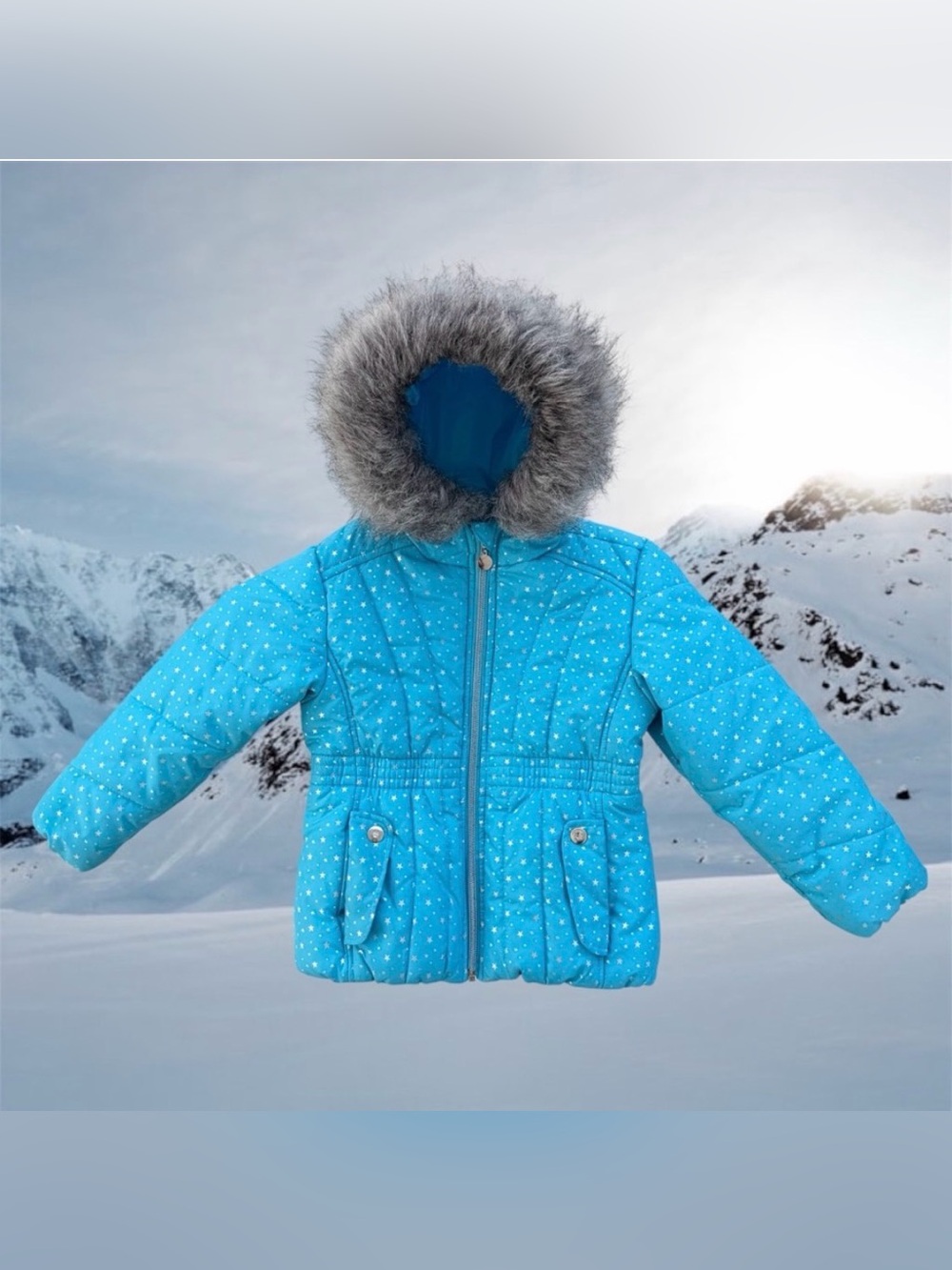 Rothschild Light Blue Starry Winter Jacket with Faux Fur Hood ~ Girls 4